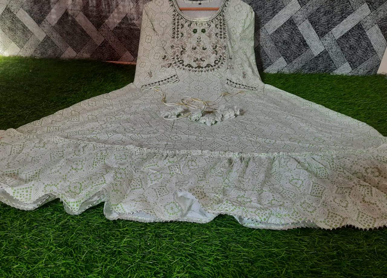 White Heavy Rayon Printed Gota patti work Gown Gowns Shopindiapparels.com 