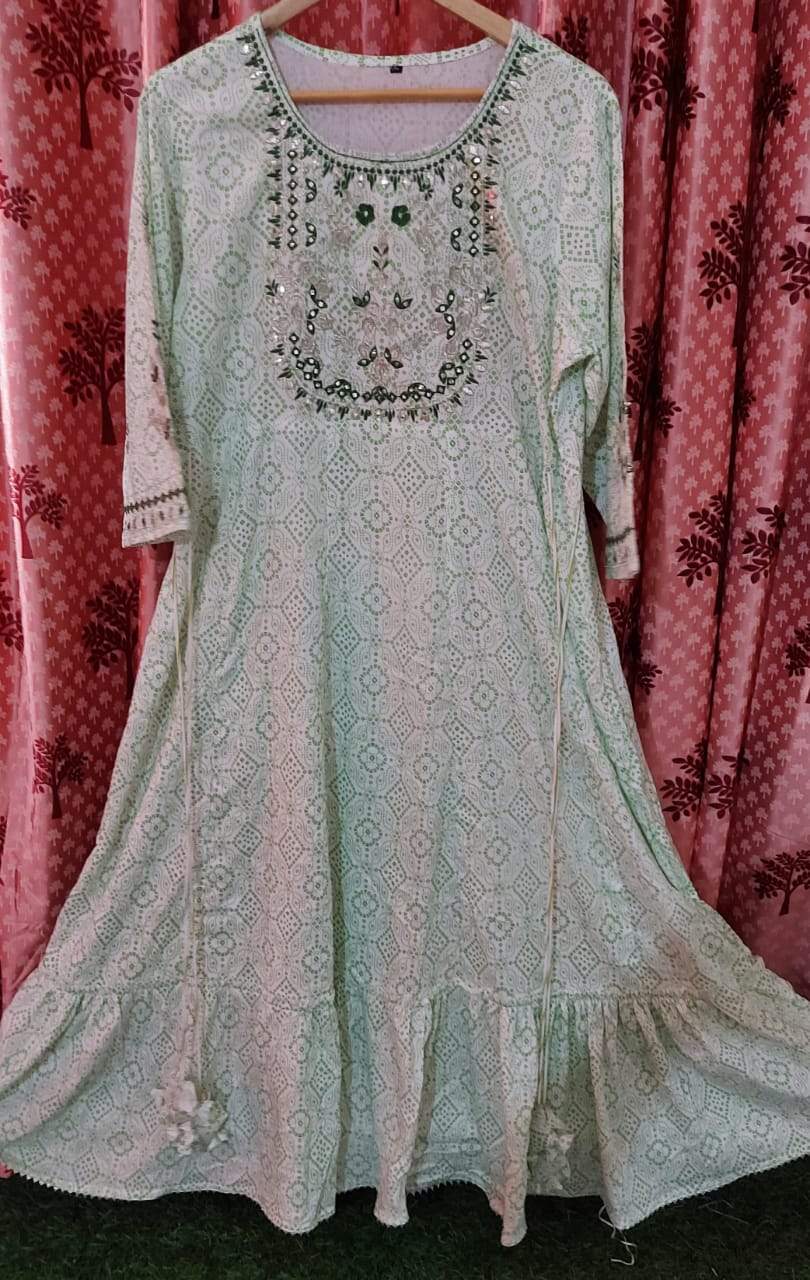 White Heavy Rayon Printed Gota patti work Gown Gowns Shopindiapparels.com 