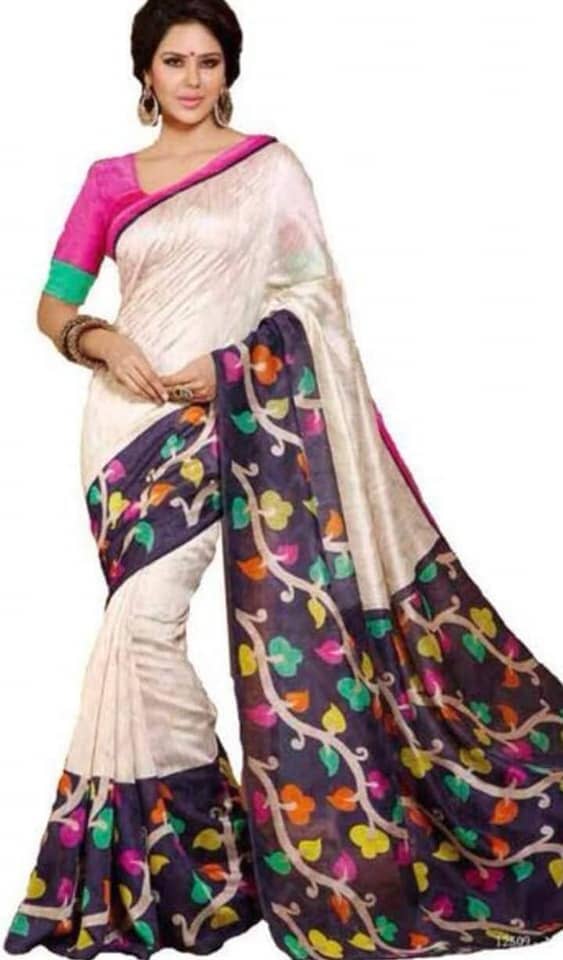 White Multicolor Bhagalpuri Cotton Saree With Plain Blouse Saree Shopin Di Apparels 