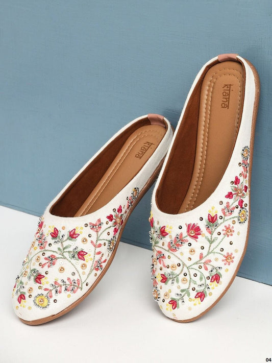 White Pink Designer Floral Embroidered Mojaris Indian Covered Shoes Mojaries Kiana 