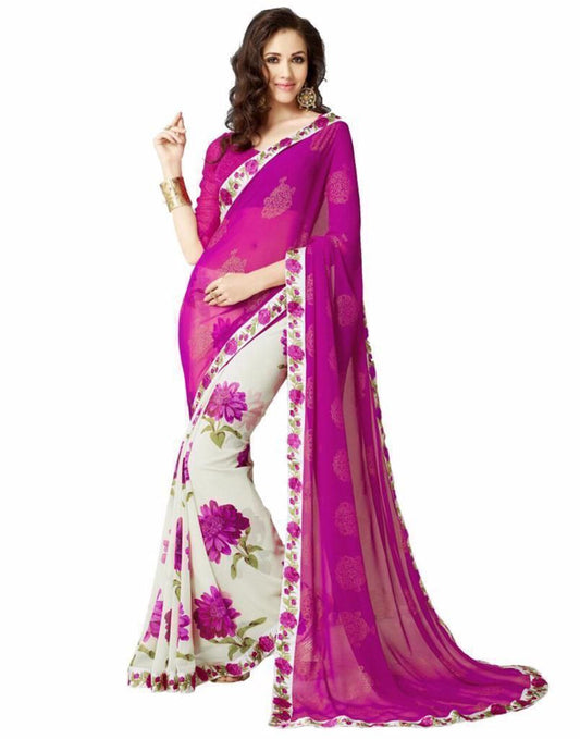 White Pink Half Half Georgette Saree Saris & Lehengas Shopindiapparels.com 