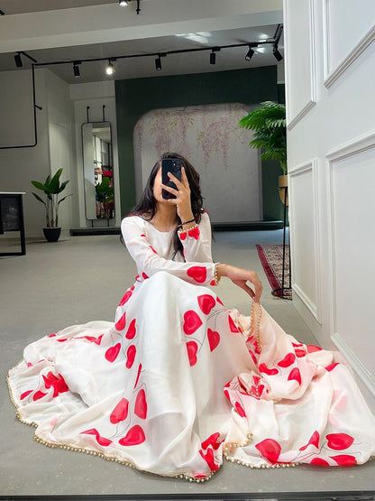White Red Hearts Digital Printed Gown with Dupatta Gown with Dupatta Shopindiapparels.com 