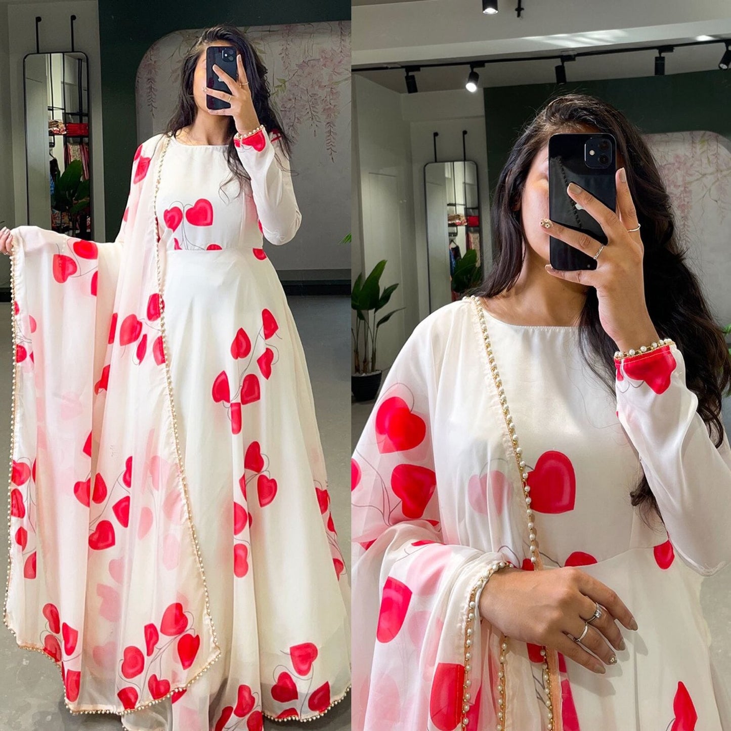 White Red Hearts Digital Printed Gown with Dupatta Gown with Dupatta Shopindiapparels.com 