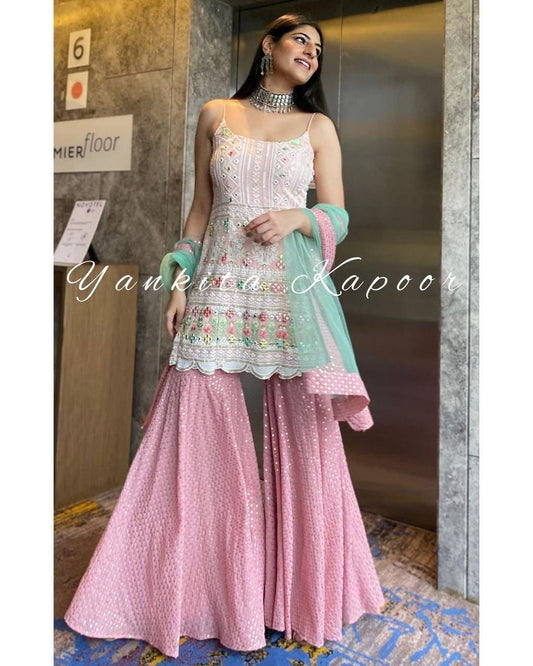Yankita Kapoor Bollywood Stylish Sharara Mirror work Suit Designer Suits Shopindiapparels.com 