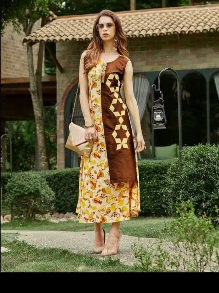 Yellow and Brown Rayon Long Dress - Shopindiapparels.com