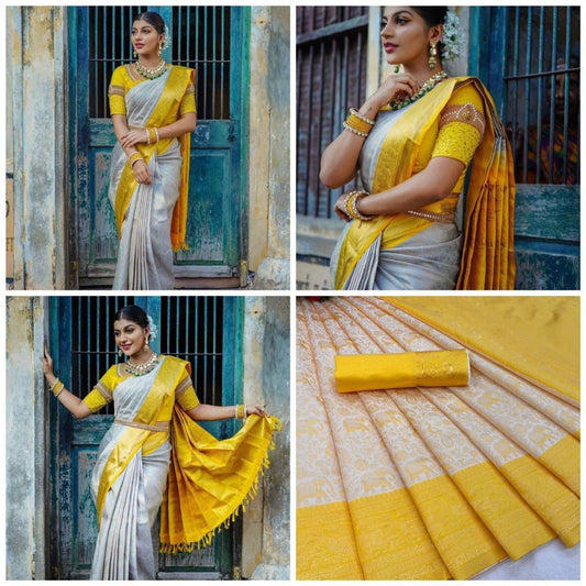 Yellow and Gray Banarasi Lichi Silk Saree Shopindiapparels.com 