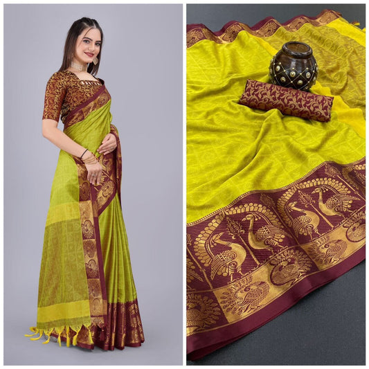 Yellow Cotton Silk Saree with Jacquard Blouse Silk Cotton Saree Shopin Di Apparels 
