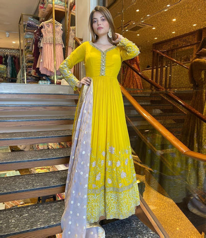 Yellow Designer Party Wear Look Heavy Embroidery Sequence Work Gown With Dupatta Gown with Dupatta Shopin Di Apparels 