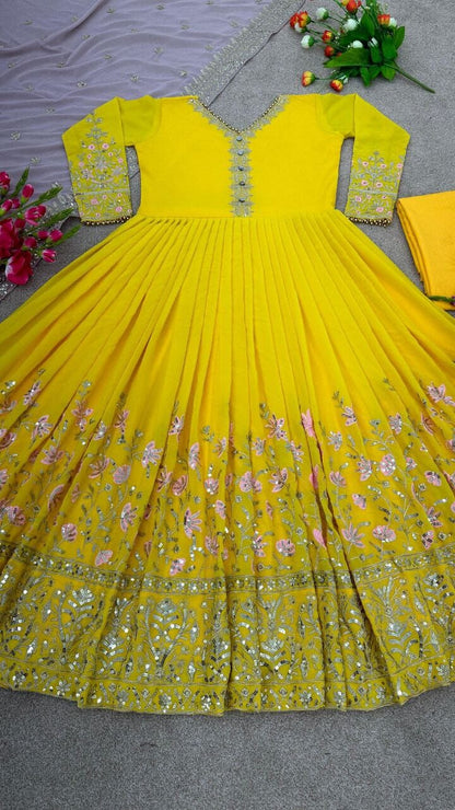 Yellow Designer Party Wear Look Heavy Embroidery Sequence Work Gown With Dupatta Gown with Dupatta Shopin Di Apparels 
