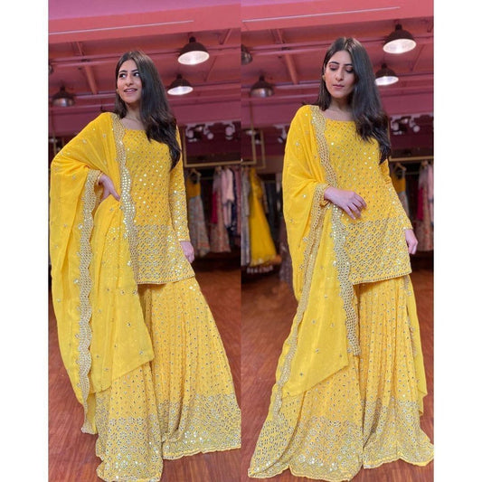Yellow Fancy Wear Sequence Work Suit Designer Suits Shopindiapparels.com 