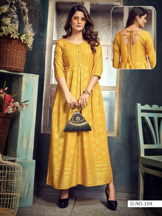 Yellow Gold printed Rayon Plus size Gown Gowns Shopindiapparels.com