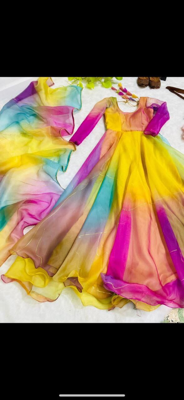 Yellow Multi Color Party Wear Look Faux ORGANZA Gown With Dupatta (Copy) Shopin Di Apparels 