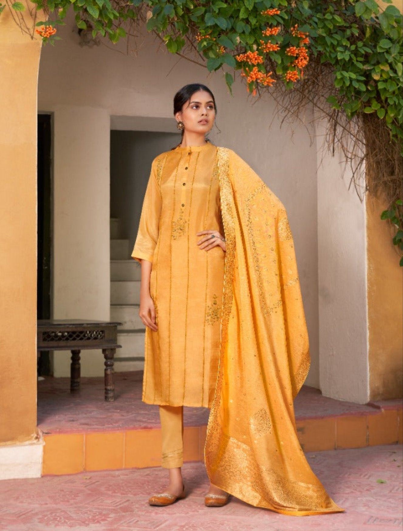 Yellow Nazakat Festive Wear Uppada Silk Straight Cut Suit Shopindiapparels.com 