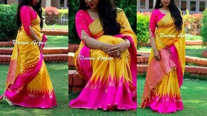 Yellow Pink Bhagalpuri Cotton Saree with Embroidered Raw Silk Blouse Saree Shopin Di Apparels 