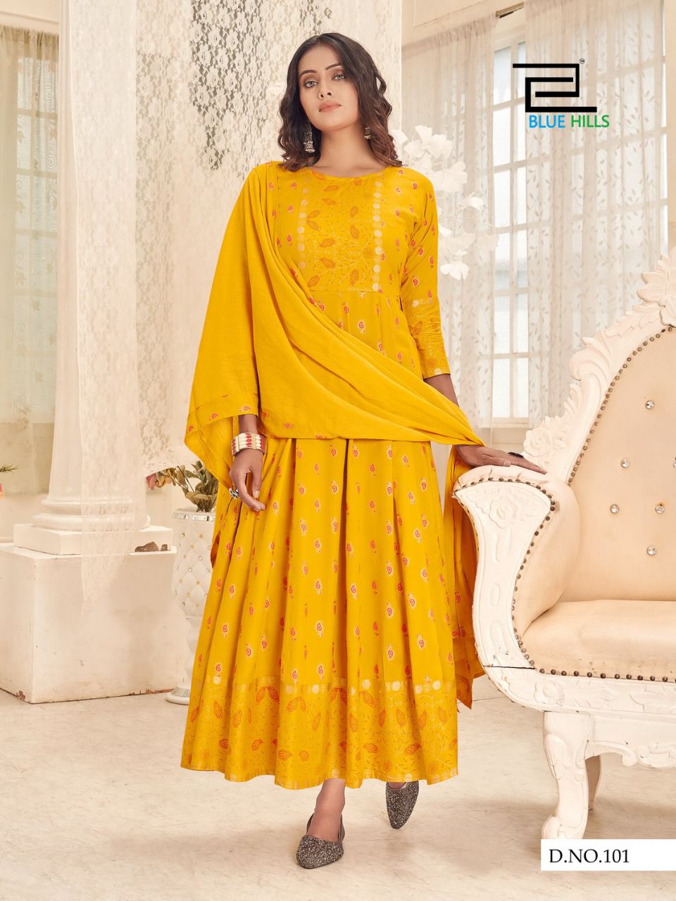 Yellow Rayon Gold Printed Anarkali with Dupatta Kurti & Dupatta Blue Hills 