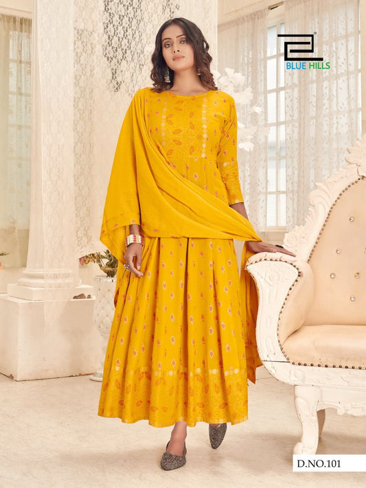 Yellow Rayon Gold Printed Anarkali with Dupatta Kurti & Dupatta Blue Hills 