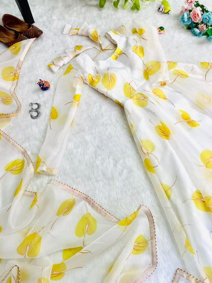 Yellow White Georgette Gown with Floral Digital Printed Dupatta Gown with Dupatta Shopindiapparels.com 