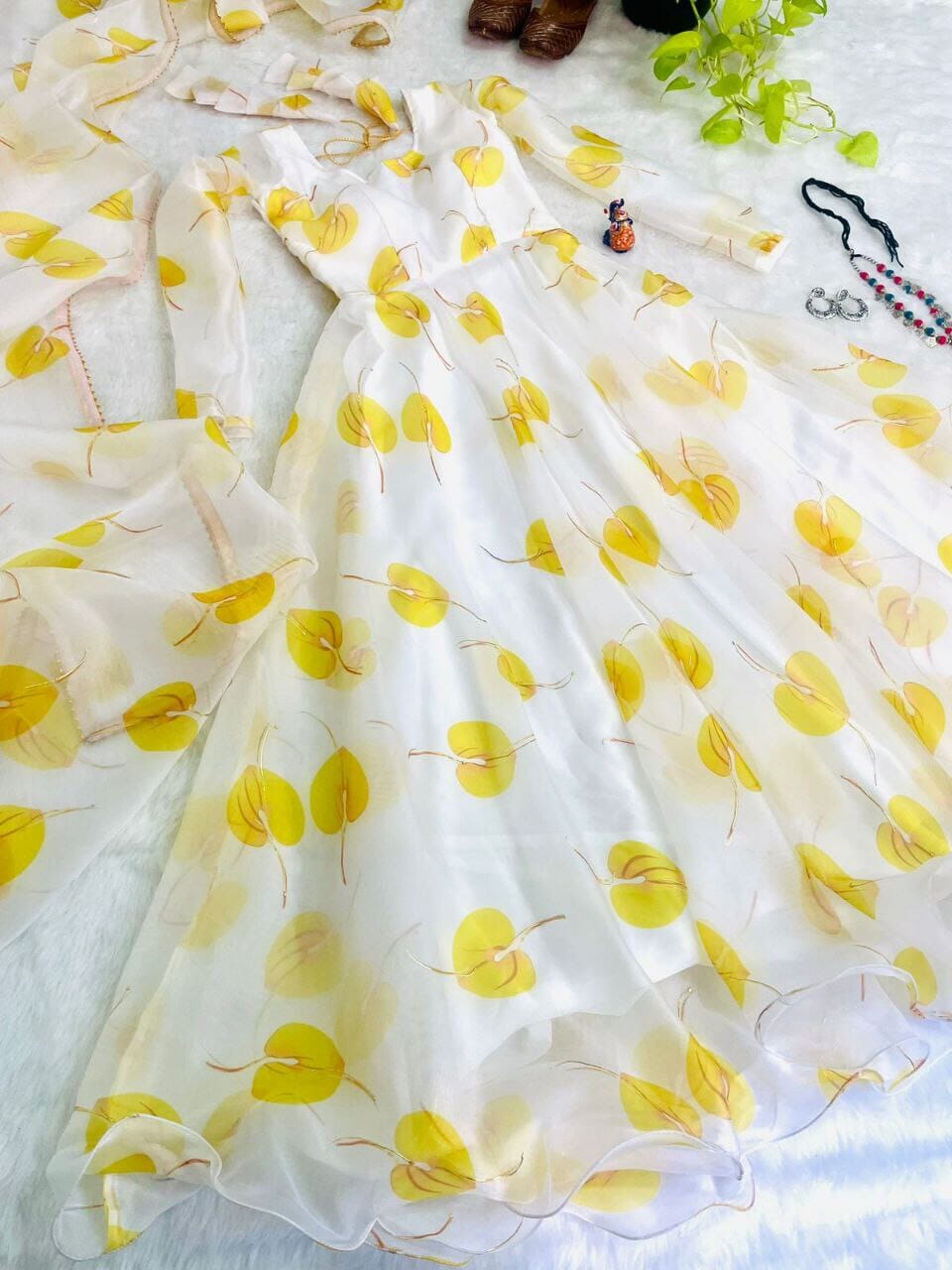 Yellow White Georgette Gown with Floral Digital Printed Dupatta Gown with Dupatta Shopindiapparels.com 