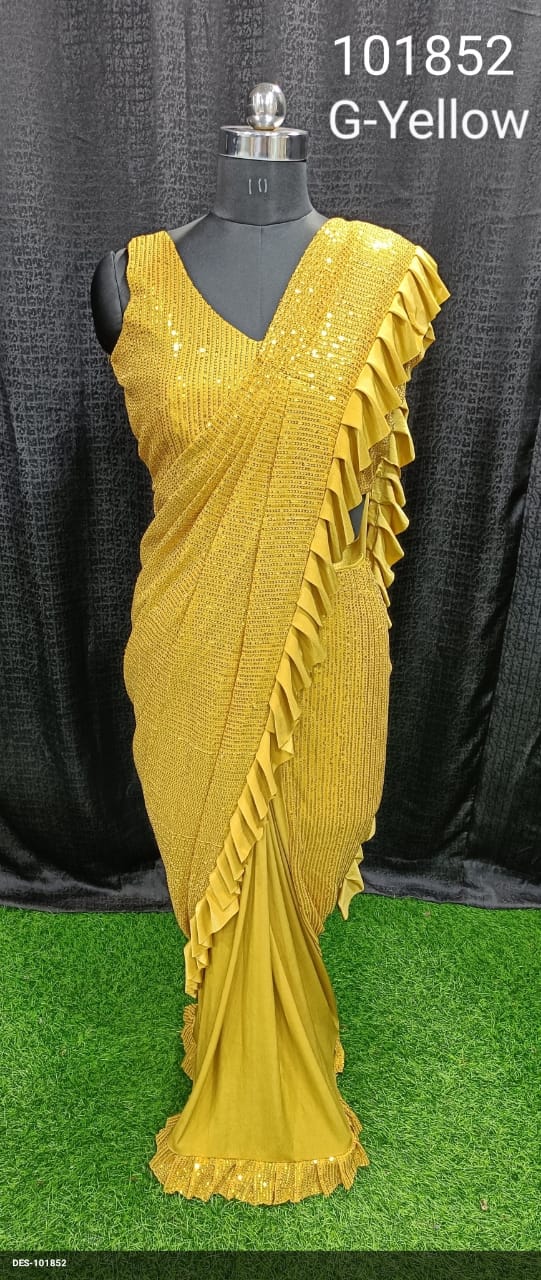 Yellow Zara Sequin Ready to wear Saree and Blouse Shopindiapparels.com 