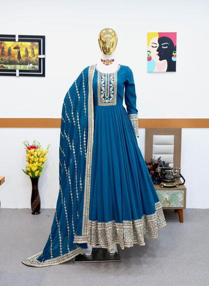 ZC 8955 Blue Georgette Sequence work Gown with Dupatta Gown with Dupatta shopindi.sg 